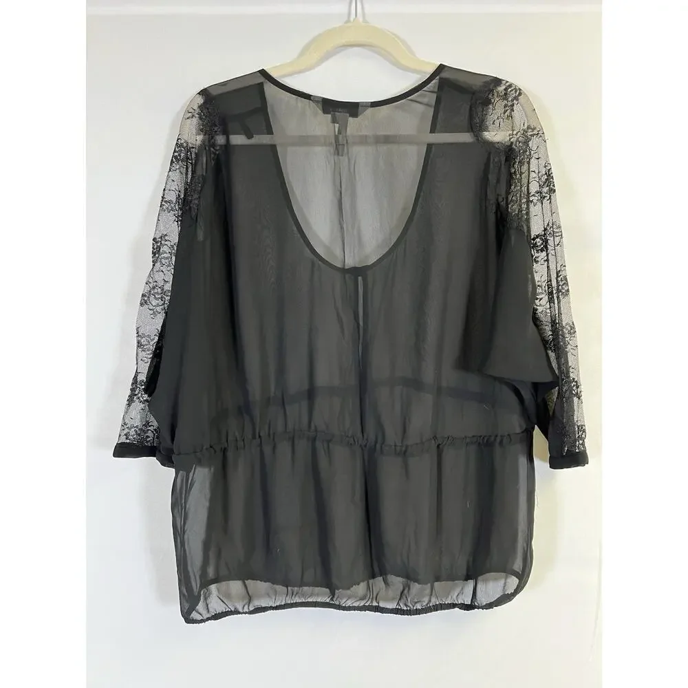 VTG BCBG Max AZRIA Sheer black blouse Size M lace cut out trim Wimsigoth - Picture 2 of 9